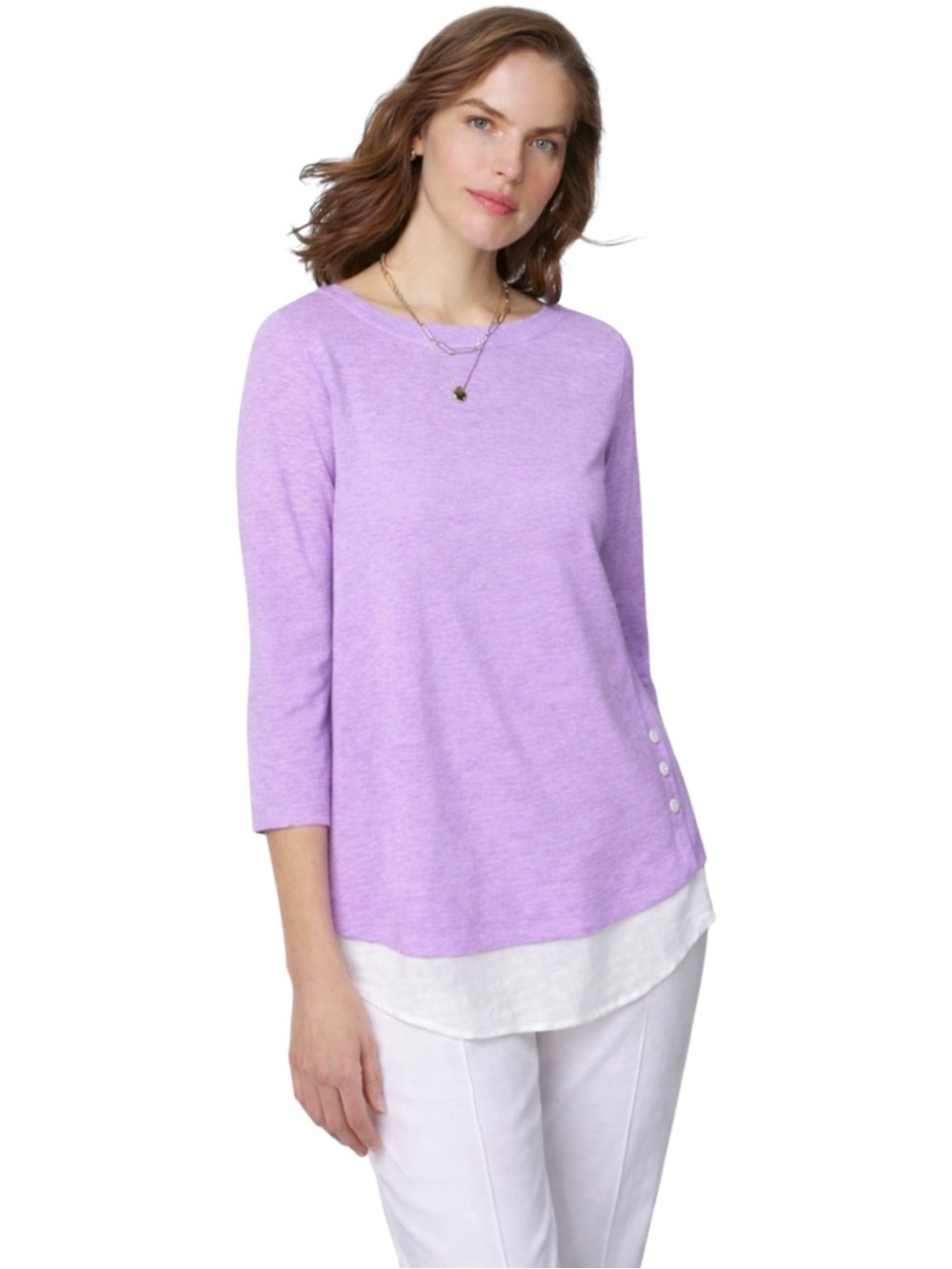 J. Jill Love Linen Tunic XL Lilac White Layered Hem 3/4 Sleeve - Picture 4 of 13